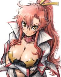 Rule 34 | 00s, 1girl, amania orz, bandeau, breasts, cape, cleavage, dated, gloves, large breasts, long hair, looking at viewer, midriff, navel, ponytail, red hair, shiny skin, smile, solo, space yoko, star (symbol), strapless, tengen toppa gurren lagann, tube top, white background, yoko littner