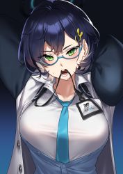 Rule 34 | 1girl, arms behind head, black hair, blue archive, blue cardigan, blue necktie, blush, breasts, cardigan, chihiro (blue archive), glasses, green eyes, hair between eyes, hair ornament, halo, highres, id card, jacket, large breasts, long sleeves, looking at viewer, makarony, multicolored clothes, multicolored jacket, necktie, open clothes, open collar, open jacket, open mouth, rabbit hair ornament, semi-rimless eyewear, shirt, short hair, solo, sweat, swept bangs, two-tone jacket, white shirt