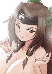 Rule 34 | 1girl, alternate breast size, blush, breasts squeezed together, breasts, brown eyes, brown hair, cleavage, closed mouth, collarbone, expressionless, hair tie, half-closed eyes, hands up, head tilt, headband, highres, jintsuu (kancolle), jintsuu kai ni (kancolle), kantai collection, large breasts, long hair, low-tied long hair, nude, out-of-frame censoring, simple background, solo, tsurime, upper body, white background, wo jianqiang fu guo