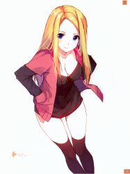 Rule 34 | 1girl, absurdres, black dress, black thighhighs, blonde hair, blue eyes, blurry, breasts, caidychen, cleavage, collarbone, dress, hand in pocket, highres, jacket, long hair, looking at viewer, medium breasts, original, scan, smile, solo, swept bangs, thighhighs, thighs, white background, zettai ryouiki
