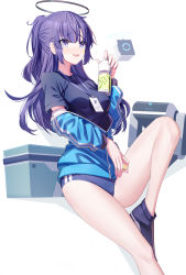 Rule 34 | 1girl, :d, absurdres, black shirt, blue archive, blue buruma, blue eyes, blue jacket, blush, bottle, breasts, buruma, commentary request, gym uniform, halo, highres, holding, holding bottle, id card, jacket, lanyard, long hair, long sleeves, looking at viewer, medium breasts, off shoulder, official alternate costume, open clothes, open jacket, open mouth, partially unzipped, ponytail, purple hair, revision, ririko (zhuoyandesailaer), shirt, short sleeves, smile, solo, star sticker, sticker on face, track jacket, water bottle, white background, yuuka (blue archive), yuuka (track) (blue archive)