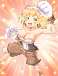 Rule 34 | 1girl, :d, animal hands, armpits, blonde hair, blush, breasts, brown footwear, brown shorts, cleavage, collarbone, endro!, fai fai, full body, large breasts, open mouth, orange background, samenoido, shorts, smile, solo, star (symbol), v-shaped eyebrows, yellow eyes