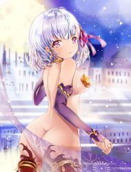 Rule 34 | 1girl, absurdres, ass, blurry, blurry background, breasts, brown thighhighs, commentary request, depth of field, detached sleeves, earrings, fate/grand order, fate (series), hair between eyes, hair ribbon, head tilt, highres, jewelry, kama (fate), kama (first ascension) (fate), long hair, long sleeves, looking at viewer, looking back, medium breasts, mutang, nude, parted lips, purple eyes, purple ribbon, purple sleeves, ribbon, ring, see-through, silver hair, sleeves past wrists, solo, thighhighs