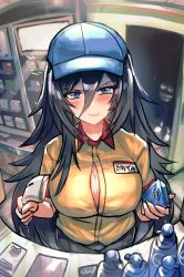 Rule 34 | 1girl, bad id, bad twitter id, black hair, blue eyes, blush, breasts, cashier, center opening, character name, cigarette pack, cleavage, clenched teeth, collared shirt, commentary, condom box, counter, cyberlive, doorway, dot nose, english commentary, female focus, hair between eyes, highres, holding, indoors, large breasts, long hair, looking at viewer, lotion bottle, minster (dooke), name tag, oumiya emma, shirt, short sleeves, solo, teeth, upper body, vending machine, very long hair, virtual youtuber, visor cap, yellow shirt