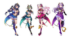Rule 34 | 4girls, nanashi inc., aqua thighhighs, black gloves, black hair, blue eyes, blue skirt, blue thighhighs, breasts, brown eyes, cleavage, commentary request, eyepatch, flower, garter straps, gloves, green hair, grey hair, hair flower, hair ornament, high heels, honey strap, horns, long hair, midriff, multicolored hair, multiple girls, navel, official art, one eye closed, open mouth, pink thighhighs, purple eyes, purple hair, purple thighhighs, red eyes, red hair, saine, saionji mary, sekishiro mico, shimamura charlotte, single thighhigh, skirt, stomach, suou patra, suspenders, tail, thighhighs, virtual youtuber