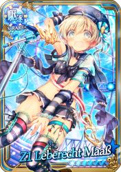 Rule 34 | 10s, 1girl, alternate costume, anchor, bad id, bad pixiv id, bandeau, beret, blue eyes, blush, card (medium), character name, choker, clothes writing, covering privates, covering crotch, hat, idol, kantai collection, looking at viewer, microphone stand, midriff, open mouth, ribbon choker, sailor collar, sailor hat, shigaraki (strobe blue), short hair, silver hair, skirt, solo, z1 leberecht maass (kancolle)