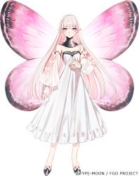 Rule 34 | 1girl, bare shoulders, blonde hair, breasts, butterfly wings, coral (fate), detached sleeves, dress, fairy, fairy wings, fate/grand order, fate (series), full body, insect wings, jewelry, long hair, looking at viewer, medium breasts, neck ring, official art, pink eyes, pointy ears, puffy sleeves, solo, taa (acid), transparent background, white dress, wings