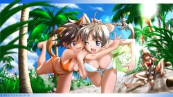 Rule 34 | 4girls, ahoge, animal ears, bad id, bad pixiv id, ball, barefoot, beach, beachball, bikini, blue eyes, breasts, brown eyes, brown hair, buried, charlotte e. yeager, cleavage, cloud, day, dog ears, closed eyes, feet, flower, francesca lucchini, front-tie top, highres, hug, large breasts, lens flare, long hair, lynette bishop, miyafuji yoshika, mokeke!!, multiple girls, one eye closed, open mouth, outdoors, palm tree, short hair, sky, soles, strike witches, swimsuit, tail, thigh gap, toes, tree, world witches series