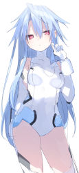 Rule 34 | 1girl, absurdres, alternate breast size, alternate hair length, alternate hairstyle, arm behind back, bare shoulders, blue hair, blush, boots, breasts, buran buta, covered navel, cowboy shot, elbow gloves, expressionless, gloves, hair between eyes, hand up, highres, leotard, long hair, looking at viewer, medium breasts, neptune (series), power symbol, power symbol-shaped pupils, red eyes, small breasts, solo, symbol-shaped pupils, thigh boots, thighhighs, very long hair, white gloves, white heart (neptunia), white leotard, white thighhighs