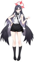 Rule 34 | 1girl, absurdres, bag, black footwear, black hair, black shorts, black socks, black wings, blue archive, blush, casul, feathered wings, full body, grey eyes, halo, highres, ichika (blue archive), long hair, low wings, one eye closed, open mouth, red halo, shirt, shoes, shorts, shoulder bag, simple background, sleeveless, sleeveless shirt, smile, socks, solo, white background, white shirt, wings