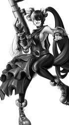 Rule 34 | 10s, 1girl, :d, absurdres, armpits, belt, black hair, blade &amp; soul, bracer, breasts, eyepatch, fingerless gloves, gatling gun, gloves, greyscale, gun, highres, large breasts, long hair, looking at viewer, macline, monochrome, multicolored hair, open mouth, pohwaran, sideboob, smile, solo, split-color hair, twintails, two-tone hair, very long hair, weapon, white background, white hair