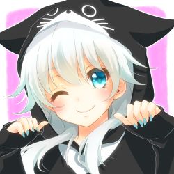 Rule 34 | 1girl, animal ears, animal hood, aoi (kiyokiyoaomushi), blue nails, cat ears, cat hood, character request, commentary request, copyright request, fingernails, hood, hoodie, long fingernails, nail polish, one eye closed, silver hair, sleeves past wrists, smile, solo