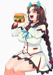 Rule 34 | 1girl, absurdres, alternate breast size, animal ears, beret, blush, bow, braid, breasts, brown hair, burger, closed eyes, commentary, ear bow, ear covers, eating, english commentary, feet out of frame, fingernails, food, hat, highres, hokko tarumae (umamusume), holding, holding food, horse ears, horse girl, large breasts, long hair, long sleeves, multicolored hair, no gloves, open mouth, sarcophage, simple background, smile, solo, streaked hair, twin braids, two-tone hair, umamusume, very long hair, white background, white hair, white hat