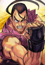 Rule 34 | 1boy, ahoge, biceps, brown hair, capcom, clenched hands, clenched teeth, dougi, fingerless gloves, fleeing, flexing, gloves, hibiki dan, hungry clicker, looking at viewer, male focus, manly, ponytail, solo, street fighter, street fighter v, teeth, torn clothes, torn sleeves, upper body, v-shaped eyebrows
