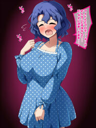 Rule 34 | 1girl, antenna hair, blue dress, blue hair, blush, breasts, closed eyes, commentary request, dress, empire waist, highres, idolmaster, idolmaster million live!, large breasts, mei ichi, open mouth, polka dot, polka dot dress, purple dress, short dress, short hair, solo, toyokawa fuka, translation request, wavy hair