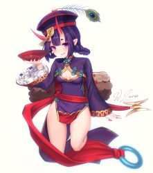 Rule 34 | 1girl, absurdres, artist name, blush, bowl, breasts, closed mouth, fate/grand order, fate (series), highres, holding, holding bowl, horns, jiangshi costume, long sleeves, looking at viewer, nail polish, pointy ears, purple eyes, purple hair, red nails, short hair, shuten douji (fate), skin-covered horns, sleeves past wrists, small breasts, smile, solo, tongue, tongue out, wlacroix