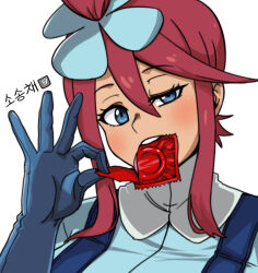 Rule 34 | 1girl, blue eyes, blue jacket, blush, commentary, condom, condom in mouth, condom wrapper, creatures (company), eyelashes, game freak, gigobyte350, gloves, hair ornament, half-closed eye, hand up, head tilt, holding, jacket, korean text, looking at viewer, mouth hold, nintendo, ok sign, one side up, pokemon, pokemon bw, red hair, sidelocks, skyla (pokemon), solo, spread fingers, teeth, upper body, upper teeth only, white background