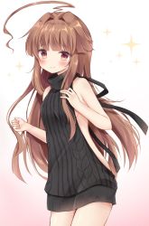 Rule 34 | 10s, 1girl, ahoge, alternate costume, aran sweater, backless dress, backless outfit, bad id, bad twitter id, bare shoulders, black sweater, blush, breasts, brown eyes, brown hair, cable knit, cowboy shot, dress, gradient background, halterneck, highres, huge ahoge, kantai collection, kuma (kancolle), long hair, looking at viewer, masayo (gin no ame), meme attire, naked sweater, open mouth, ribbed sweater, sideboob, small breasts, solo, sweater, sweater dress, turtleneck, turtleneck sweater, virgin killer sweater, white background