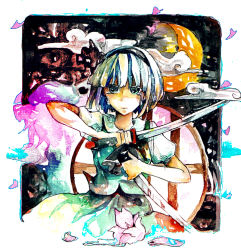 Rule 34 | 1girl, abstract, agishi, bad id, bad pixiv id, blue eyes, cloud, crescent moon, expressionless, female focus, holding, holding sword, holding weapon, katana, konpaku youmu, looking at viewer, moon, puffy short sleeves, puffy sleeves, short hair, short sleeves, silver hair, solo, sword, tears, touhou, weapon