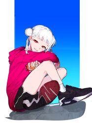 Rule 34 | 1girl, 59 (garigari hodu), air max, air max 90, alternate costume, arashi chisato, black footwear, black shorts, can, dolphin shorts, double bun, from side, grey hair, gym shorts, hair behind ear, hair bun, highres, holding, holding can, hood, hoodie, leaning forward, looking at viewer, love live!, love live! superstar!!, nike (company), parted lips, pink hoodie, red eyes, shoes, shorts, sitting, smile, sneakers, socks, solo, streetwear, twintails, white socks