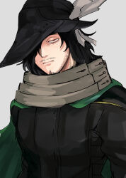 Rule 34 | 1boy, 2elu2, absurdres, bags under eyes, black coat, black hair, black hat, bloodshot eyes, boku no hero academia, cape, closed mouth, coat, eraser head (boku no hero academia), facial hair, green cape, grey background, grey scarf, hair over one eye, hat, hat feather, highres, looking at viewer, male focus, messy hair, mustache, red eyes, scarf, simple background, solo, sparse stubble, upper body