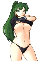 Rule 34 | 1girl, absurdres, black panties, breasts, clothes lift, earrings, fingerless gloves, fire emblem, fire emblem: the blazing blade, gloves, green eyes, green hair, highres, jewelry, large breasts, long hair, looking at viewer, lyn (fire emblem), midriff, nintendo, panties, ponytail, shirt lift, solo, tridisart, underboob, underwear, undressing, white background