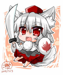 Rule 34 | 1girl, 2015, :d, animal ears, bad id, bad pixiv id, blush, chibi, dated, fang, hair between eyes, hat, holding, holding weapon, inubashiri momiji, leaf, long hair, long sleeves, looking at viewer, maple leaf, noai nioshi, open mouth, paw print, red eyes, revision, shield, signature, silver hair, skirt, smile, solo, sword, tail, tokin hat, touhou, weapon, wolf ears, wolf tail