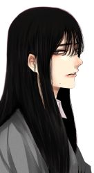 Rule 34 | 1girl, from side, grey eyes, hair between eyes, highres, hoshi san 3, long hair, looking at viewer, looking to the side, mole, mole under mouth, original, parted lips, simple background, solo, upper body, white background