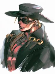 Rule 34 | 1boy, abs, absurdres, blonde hair, blue eyes, coat, gloves, guilty gear, hat, highres, jacket, johnny (guilty gear), long hair, looking at viewer, male focus, open clothes, open jacket, ponytail, solo, sunglasses, white background, yohane shimizu