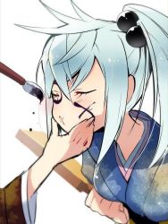 Rule 34 | 10s, 1girl, 2015, blue hair, calligraphy brush, drawing on another&#039;s face, facepaint, furisode, ghha33, hagoita, hanetsuki, japanese clothes, kimono, marui shiro, marui shiro(ghha33), new year, paddle, paintbrush, solo focus