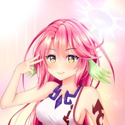 Rule 34 | 1girl, arm tattoo, artist request, bare shoulders, breasts, closed mouth, commission, spiked halo, gradient background, hair between eyes, halo, heart, highres, jibril (no game no life), long hair, looking at viewer, magic circle, medium breasts, no game no life, pink background, pink hair, sideboob, smile, solo, star (symbol), tattoo, upper body, v, very long hair, wing ears, yellow eyes