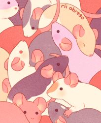 Rule 34 | ^ ^, animal, animal focus, close-up, closed eyes, commentary, cropped, english commentary, from side, looking at viewer, mouse, mouse (animal), no humans, original, paid reward available, pink theme, profile, rii abrego, signature, solid circle eyes, texture, too many, too many mice