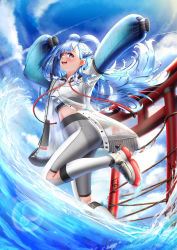 Rule 34 | 0a studio, 1girl, :d, blue eyes, blue hair, blue sky, bride, cloud, crop top, cropped jacket, highres, hololive, hololive indonesia, jacket, jumping, kobo kanaeru, long hair, long sleeves, midriff, open mouth, pants, see-through, see-through jacket, shoes, sky, sleeves past fingers, sleeves past wrists, smile, virtual youtuber, water