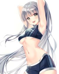 Rule 34 | 1girl, :d, armpits, arms up, bad id, bad twitter id, bare arms, bare shoulders, blue shorts, blush, breasts, buri (retty9349), commentary request, cowboy shot, crop top, grey eyes, highres, long hair, looking at viewer, medium breasts, midriff, navel, open mouth, original, shirt, short shorts, shorts, silver hair, simple background, sleeveless, sleeveless shirt, smile, solo, stomach, underboob, very long hair, white background