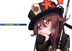 Rule 34 | 1girl, bandaid, bandaid on arm, bandaid on hand, bead bracelet, beads, blush, bracelet, brown hair, chinese clothes, flower, genshin impact, half-closed eyes, hand on own face, hat, hat flower, health bar, holding, holding weapon, hu tao (genshin impact), jewelry, long sleeves, overlord (overlord80000), polearm, red eyes, simple background, solo, symbol-shaped pupils, top hat, twintails, weapon, white background