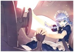 Rule 34 | 1girl, apron, black bow, black bowtie, blue skirt, blush, bow, bowtie, braid, car, car interior, driving, frills, hair over shoulder, izayoi sakuya, light particles, long hair, looking to the side, maid headdress, motor vehicle, non-web source, open mouth, puffy short sleeves, puffy sleeves, right-hand drive, scan, scan artifacts, seatbelt, shirt, short sleeves, silver hair, sitting, skirt, skirt set, smile, solo, steering wheel, touhou, twin braids, ueda ryou, vehicle, waist apron