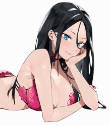 Rule 34 | 1girl, bad id, bad tumblr id, bare arms, bare shoulders, black hair, black nails, blush, bra, breasts, choker, cleavage, closed mouth, eyelashes, fingernails, gem, green eyes, hair between eyes, hand on own cheek, hand on own chin, hand on own face, head rest, lace, lace bra, large breasts, long fingernails, long hair, looking at viewer, lying, nail polish, on stomach, original, panties, pink bra, pink panties, red choker, red nails, simple background, smile, solo, underwear, uni (melm), white background