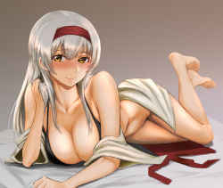 Rule 34 | 1girl, barefoot, black bra, blush, bra, breasts, cleavage, closed mouth, collarbone, crossed legs, feet, full body, hair between eyes, hairband, hand in own hair, highres, japanese clothes, kantai collection, kokuzou, large breasts, long hair, looking at viewer, lying, no panties, open clothes, pleated skirt, red hairband, red skirt, shoukaku (kancolle), shoukaku kai ni (kancolle), silver hair, skirt, unworn skirt, smile, solo, traditional media, underwear, yellow eyes