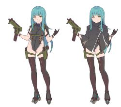 Rule 34 | 1girl, absurdres, black thighhighs, blue hair, blunt bangs, breasts, brown gloves, brown thighhighs, capelet, child, closed mouth, commentary request, contrapposto, enkyo yuuichirou, gloves, grey capelet, gun, handgun, hands up, highres, holding, holding gun, holding weapon, holster, leotard, long hair, looking at viewer, medium breasts, multiple views, orange eyes, original, pistol, roller skates, simple background, skates, smile, standing, submachine gun, thighhighs, weapon, white background