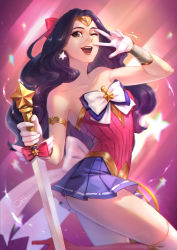 Rule 34 | 1girl, absurdres, alternate costume, animification, armlet, back bow, black hair, boots, bow, bracer, dc comics, earrings, gloves, hair bow, high heel boots, high heels, highres, jewelry, lasso, legs, magical girl, o-pan, one eye closed, open mouth, ribbon, skirt, smile, solo, star (symbol), star earrings, strapless, sword, thighhighs, tiara, v, v over eye, weapon, wonder woman, wonder woman (series)