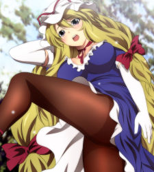 Rule 34 | 1girl, black pantyhose, blonde hair, blush, bow, breasts, commentary request, dress, elbow gloves, frilled dress, frills, gloves, hair bow, hat, hat ribbon, large breasts, legs, long hair, mob cap, neck ribbon, open mouth, pantyhose, purple dress, purple eyes, red bow, red ribbon, ribbon, short sleeves, solo, teeth, thighs, touhou, upper teeth only, very long hair, white gloves, white hat, yadokari genpachirou, yakumo yukari