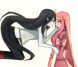 Rule 34 | 2girls, adventure time, animification, aoki shizumi, bad id, bad pixiv id, black hair, blush, couple, eye contact, face-to-face, flying, long hair, looking at another, marceline abadeer, multiple girls, pink eyes, pink hair, pointy ears, princess bonnibel bubblegum, ribbon, simple background, tears, tiara, very long hair, white background, yuri
