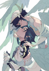 Rule 34 | 2boys, androgynous, aqua hair, arm guards, armor, asymmetrical clothes, bead necklace, beads, black gloves, black hair, blush, braid, commentary, detached sleeves, elbow gloves, english commentary, evercelle, feathered wings, feathers, flower, genshin impact, gloves, gold trim, gradient hair, green hair, hand on another&#039;s neck, hand on another&#039;s shoulder, hat, hat flower, highres, jewelry, long hair, looking at another, male focus, multicolored hair, multiple boys, necklace, official alternate costume, parted bangs, pendant, rotational symmetry, shirt, short hair, short hair with long locks, shoulder armor, shoulder pads, shoulder spikes, side braids, sidelocks, single detached sleeve, smile, spikes, symmetry, tassel, twin braids, two-tone hair, venti (archon) (genshin impact), venti (genshin impact), white flower, white gloves, white headwear, white shirt, wide sleeves, wings, xiao (genshin impact), yaoi