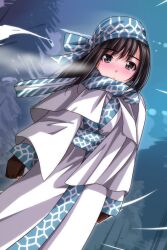 Rule 34 | 1girl, ainu clothes, black hair, blizzard, blue headwear, blue scarf, blush, brown eyes, brown gloves, capelet, fingerless gloves, forest, gloves, head scarf, highres, japanese clothes, kimono, looking at viewer, matsunaga kouyou, nature, obi, sash, scarf, sky, snow, snowstorm, standing, tree, white capelet, white kimono, wind, winter