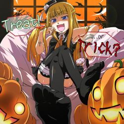 Rule 34 | 00s, 1girl, black thighhighs, candy, cross, crossed legs, english text, evangeline a.k. mcdowell, fang, feet, flat chest, food, halloween, jack-o&#039;-lantern, jpeg artifacts, latin cross, lollipop, long hair, looking at viewer, mahou sensei negima!, natsumi akira, no shoes, open mouth, pumpkin, raised eyebrow, sitting, soles, solo, swirl lollipop, thighhighs, toes, trick or treat, uneven eyes, vampire, window