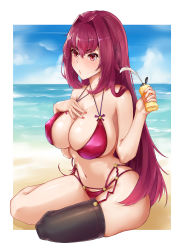 Rule 34 | 1girl, :o, absurdres, alternate costume, beach, bikini, blue sky, breasts, cleavage, cloud, cloudy sky, day, fate/grand order, fate (series), framed image, hair intakes, highres, koi (pixiv12253148), large breasts, long hair, lotion bottle, nail polish, navel, ocean, outdoors, purple hair, red eyes, sand, scathach (fate), scathach (fate), single thighhigh, sitting, sky, squeezing, swimsuit, thighhighs, wariza
