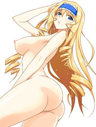 Rule 34 | 10s, 1girl, ass, blonde hair, blue eyes, blush, breasts, cecilia alcott, curly hair, drill hair, hairband, infinite stratos, katsuo, large breasts, long hair, nipples, nude, sabano niwatori, simple background, solo, thighs, very long hair