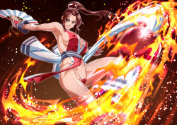 Rule 34 | 1girl, bare shoulders, breasts, brown eyes, brown hair, cameltoe, cleavage, cleft of venus, collarbone, covered erect nipples, cowboy shot, curvy, fatal fury, female focus, fire, fire, gradient background, grin, hair ornament, high ponytail, huge breasts, ikumo taisuke, japanese clothes, large breasts, long hair, looking at viewer, looking to the side, matching hair/eyes, ninja, pelvic curtain, ponytail, shiranui mai, sideboob, smile, solo, standing, the king of fighters, thick thighs, thighs, white background, wristband