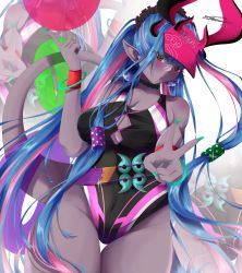 Rule 34 | 1girl, absurdres, aqua hair, black one-piece swimsuit, blush, breast cutout, breasts, cleavage cutout, clothing cutout, colored inner hair, colored skin, fate/grand order, fate (series), green nails, grey skin, highleg, highleg swimsuit, highres, horns, ibuki douji (fate), ibuki douji (swimsuit berserker) (fate), long hair, looking at viewer, multicolored hair, nail polish, one-piece swimsuit, oni horns, open mouth, pink hair, pink headwear, pink one-piece swimsuit, ponytail, red eyes, shiny skin, swimsuit, tail, two-tone hair, two-tone swimsuit, v, very long hair, visor cap, whistle, wide hips
