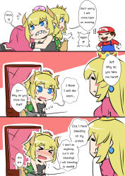 Rule 34 | &gt; &lt;, 1boy, 2girls, black dress, blonde hair, blue eyes, bowsette, brown hair, carrying, collar, comic, crown, dress, earrings, english text, engrish text, hat, horns, jewelry, mario, mario (series), menstruation, multiple girls, new super mario bros. u deluxe, nintendo, princess peach, ranguage, sesield, spiked collar, spiked tail, spikes, strapless, strapless dress, super crown, tail, trembling, turtle shell